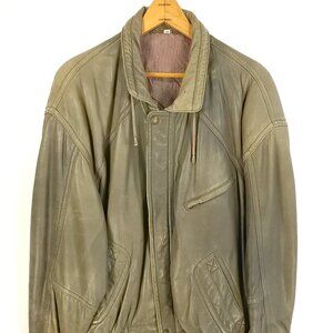 Vtg Crown Sport Leather Jacket Mens 44 Zip Front Olive Drab Distressed Destroyed